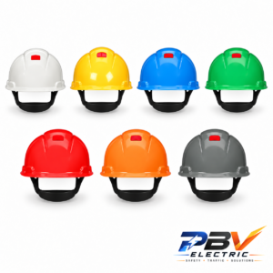 หมวกนิรภัย 3M H-700 สีขาว เหลือง ฟ้า เขียว แดง ส้ม และเทา พร้อมโลโก้ PBV ELECTRIC