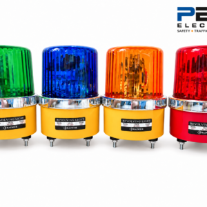 ไฟหมุน BAIMER CG-1 สี่สี เขียว น้ำเงิน เหลือง แดง บนพื้นขาว พร้อมโลโก้ PBV ELECTRIC