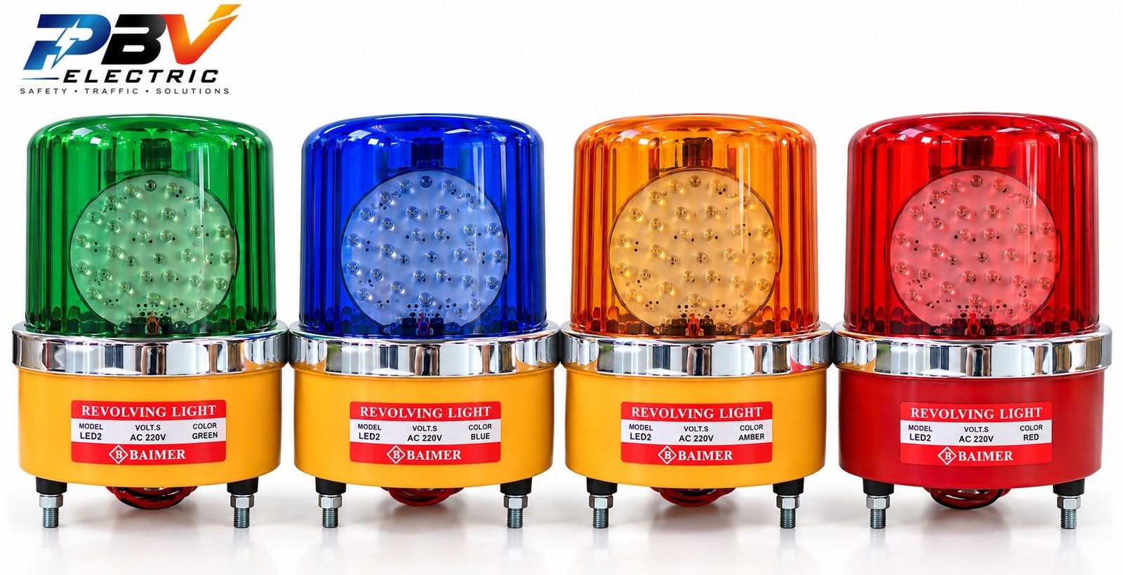 ไฟหมุน BAIMER LED2 สีน้ำเงิน เขียว เหลือง และแดง พร้อมโลโก้ PBV ELECTRIC