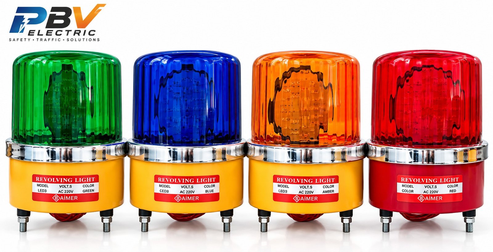 ไฟหมุน BAIMER LED3 สีน้ำเงิน เขียว เหลือง และแดง พร้อมโลโก้ PBV ELECTRIC
