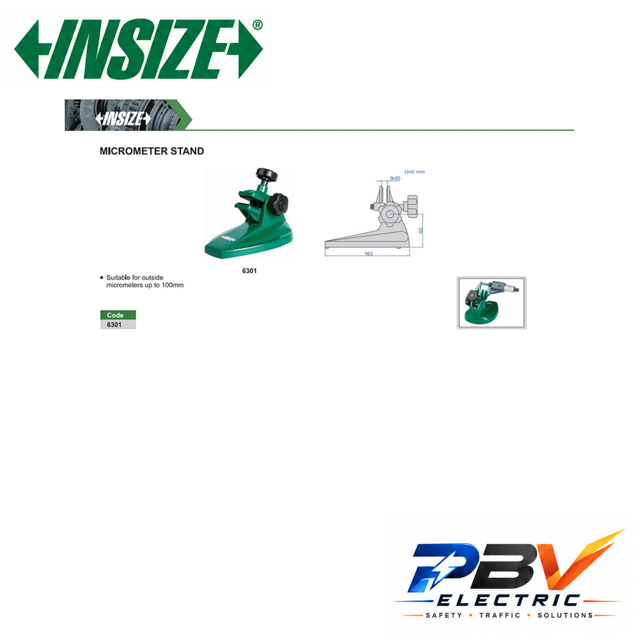 INSIZE 6301 — ภาพขนาดและตัวอย่างการใช้งานของรุ่น 6301 ไม่รวมไมโครมิเตอร์ พร้อมโลโก้ PBV