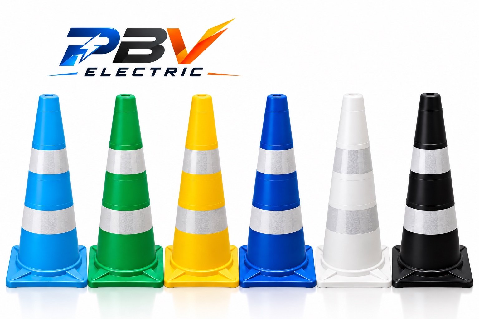 กรวยจราจรสูง 70 ซม. แถบสะท้อนแสง 2 แถบ สีฟ้า เขียว เหลือง น้ำเงิน ขาว และดำ บนพื้นขาว พร้อมโลโก้ PBV ELECTRIC