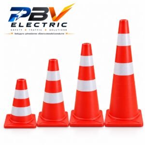 กรวยจราจร EVA สีส้ม คาดแถบสติ๊กเกอร์สะท้อนแสง 4 ขนาด 50 70 80 และ 90 ซม. PBV ELECTRIC